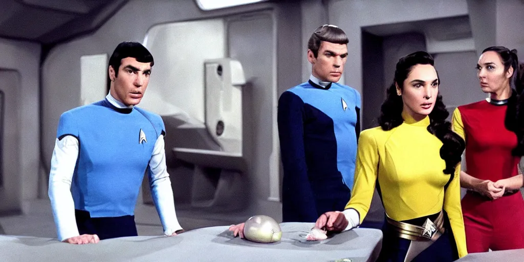 Image similar to a scene from Trouble with Tribbles, an episode of the original Star Trek series, with Gal Gadot, in Starfleet uniform, in the role of Captain Kirk