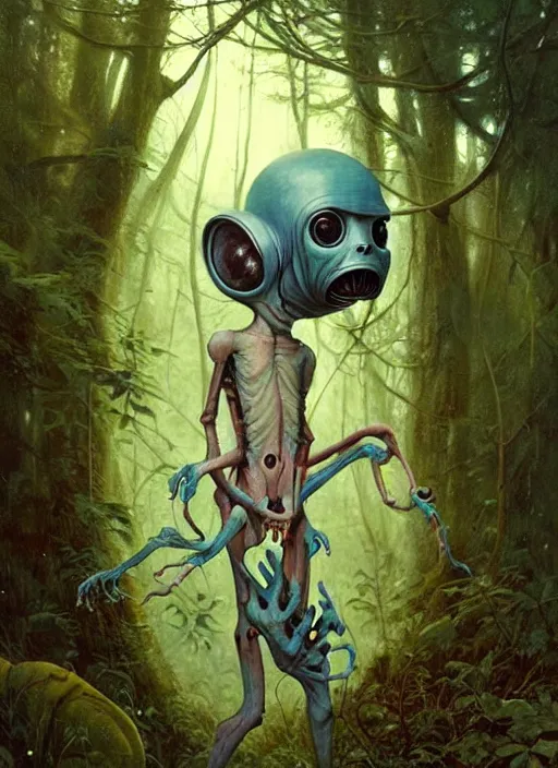 Image similar to cute alien in the woods by a river gorgeous lighting, lush forest foliage blue sky a hyper realistic painting by chiara bautista and beksinski and norman rockwell and greg rutkowski, tom bagshaw weta studio, and lucasfilm