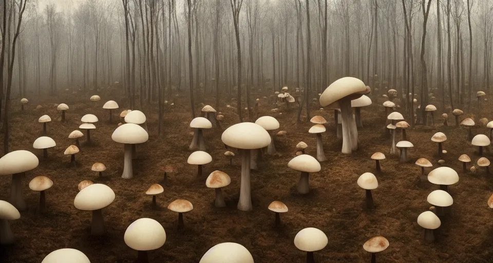 Image similar to A tribal village in a forest of giant mushrooms, by Gottfried Helnwein