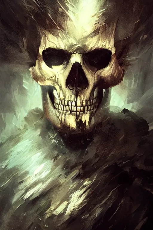 Image similar to concept art skull lord, brushstroke, close - up portrait, powerfull, intricate, elegant, volumetric lighting, scenery, digital painting, highly detailed, artstation, sharp focus, illustration, concept art, ruan jia, steve mccurry