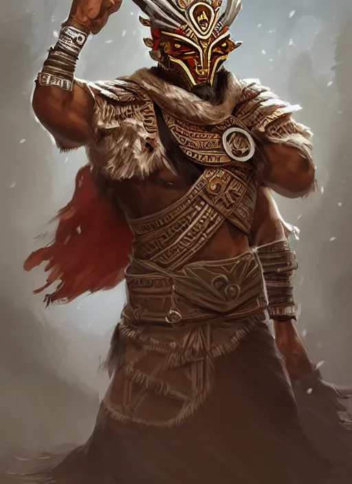 Image similar to a highly detailed illustration of tribal masked aztec warrior wearing brown robe, heroic fist pose, intricate, elegant, highly detailed, centered, digital painting, artstation, concept art, smooth, sharp focus, league of legends concept art, wlop.