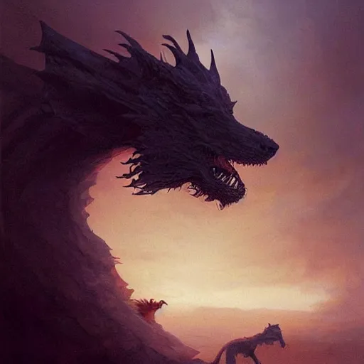 Prompt: the side view of the head of a dog, a little terrier, inside the silhouette shadow of a side view of the head of a huge dragon, beautiful fantasy painting by greg rutkowski