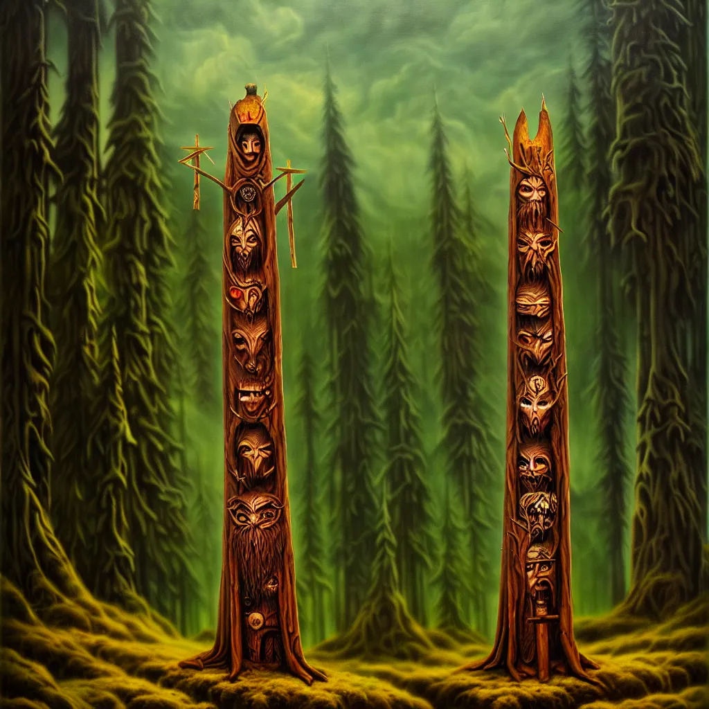 Image similar to evil druids ritual, wood totem, on a hill, a detailed matte painting, fantasy, depth of field, grim, dark, oil on canvas