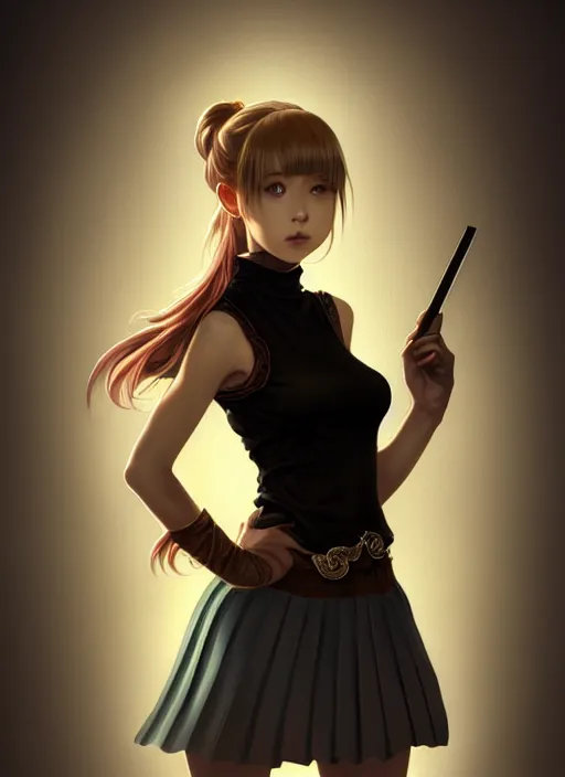 Image similar to portrait of a full body of beautiful young female detective, d & d, sleeveless turtleneck, pleated skirt, fantasy, flat lighting, intricate, highly detailed, digital painting, artstation, concept art, smooth, sharp focus, illustration, misa amane, art by simon bisley and greg rutkowski and alphonse mucha, natural tpose