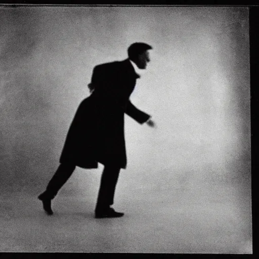 Image similar to a smudged, grainy and blurry photograph showing the whole body of a man dynamically and frenetically dancing in a dark room, edwardian photograph, taken with soviet flash camera at slow shutter speed