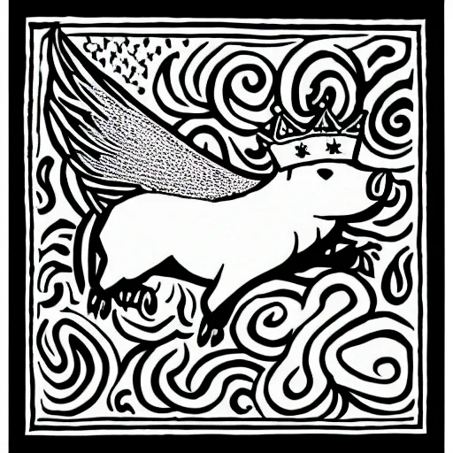 Prompt: black and white ink drawing of a flying pig with wings wearing a gold crown in the sky 8k