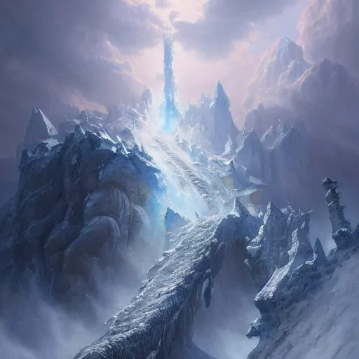 Prompt: A highly detailed fantasy concept art matte oil painting by Greg Rutkowski and Thomas Kinkade of a huge ancient ice dragon with lots of crystal blue scales, flying through the clouds over some tall snowy and icy mountains with lots of rocks