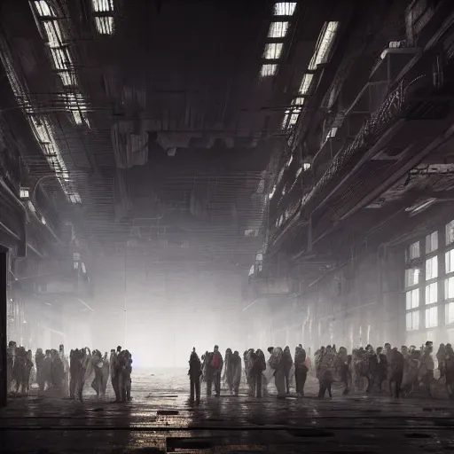 Prompt: a long queue of people standing in a huge underground dystopian factory, low camera angle, hyperdetailed, artstation, cgsociety, 8 k, hyper realistic, super detailed, octane, volumetric lighting, atmosphere, matte painting, extreme long shot, octane render h 7 0 4