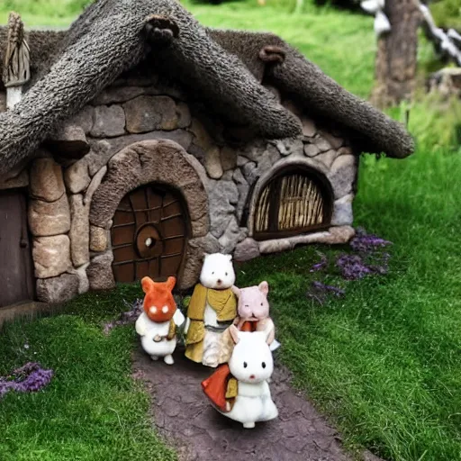 Prompt: lord of the rings calico critters in front of bilbo baggins house