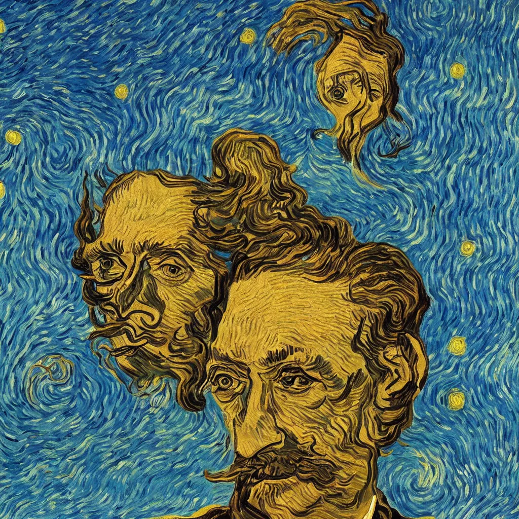 Image similar to Salvador Dalí portrait painted in Vincent van Gogh style in a surreal landscape