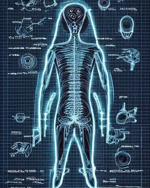 Image similar to “ an extremely detailed scan of a medical textbook diagram of an alien, 4 k detail ”