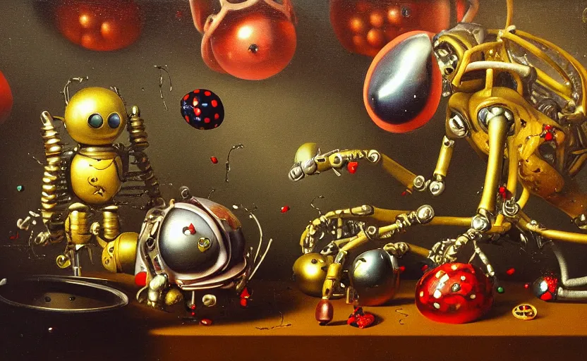 Image similar to strange robot body, disturbing colorful oil painting dutch golden age vanitas still life sparse composition with shiny metal lady bugs rachel ruysch dali todd schorr very detailed perfect composition rule of thirds masterpiece canon 5 0 mm, cinematic lighting, photography, retro, film, kodachrome