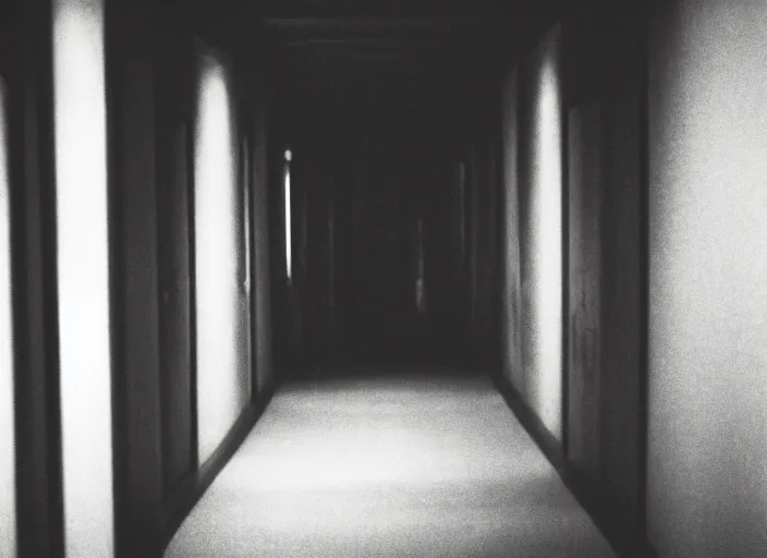 Image similar to Grainy photo of a long hallway in a hotel at night. A disfigured face peeks out of one of the rooms, horror movie still, dramatic lighting