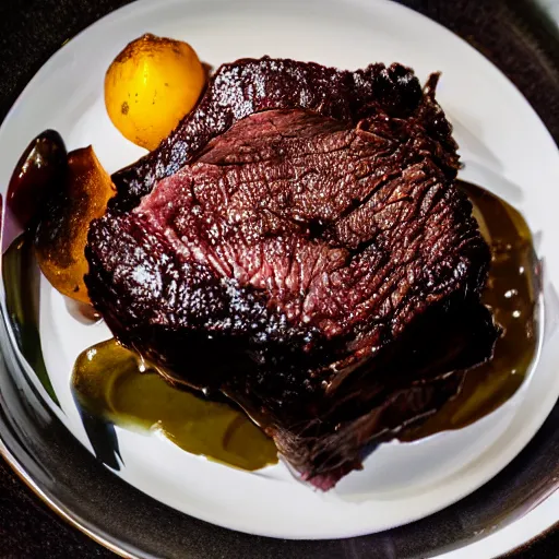 Prompt: perfect beautiful wine beef roast served in michelin star restaurant, bokeh, captured on canon eos r 6