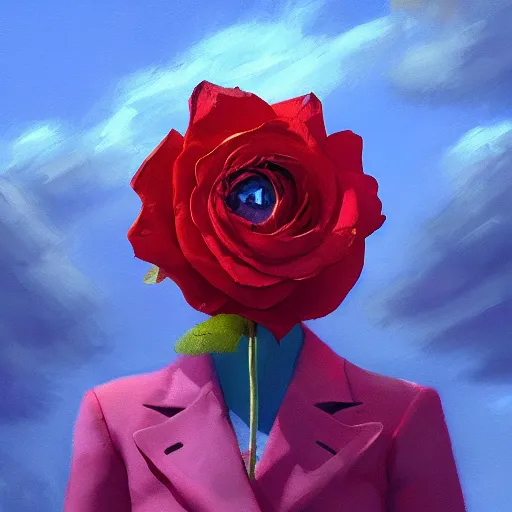 Prompt: closeup, giant rose flower as a head, frontal, girl in a suit, surreal photography, sunrise, blue sky, dramatic light, impressionist painting, digital painting, artstation, simon stalenhag
