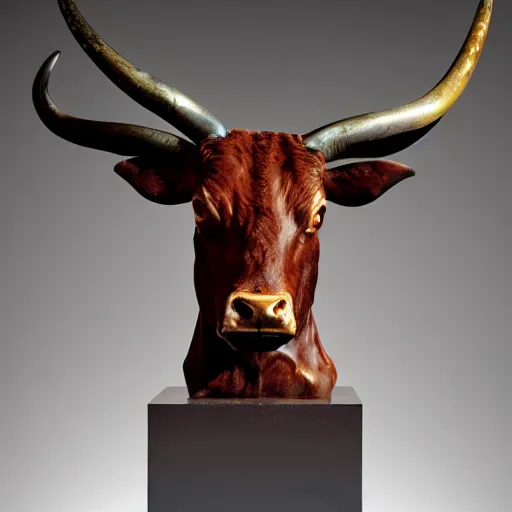 Image similar to professional color photograph of a patinated bronze portrait bust of a furious Texas longhorn steer supported by a bronze plinth, by Auguste Rodin, Jean-Leon Gerome