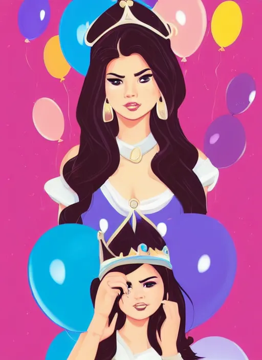 Image similar to woman resembling selena gomez dressed as a disney princess with a crown. balloons. clean cel shaded vector art. shutterstock. behance hd by lois van baarle, artgerm, helen huang, by makoto shinkai and ilya kuvshinov, rossdraws, illustration,