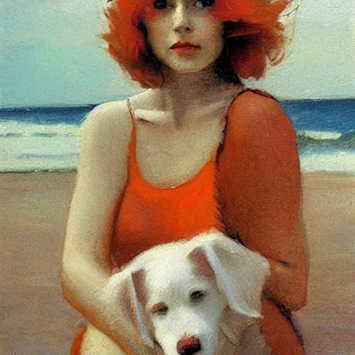 Prompt: beautiful woman with orange hair, tiny white dog, dean cornwell style, on the beach