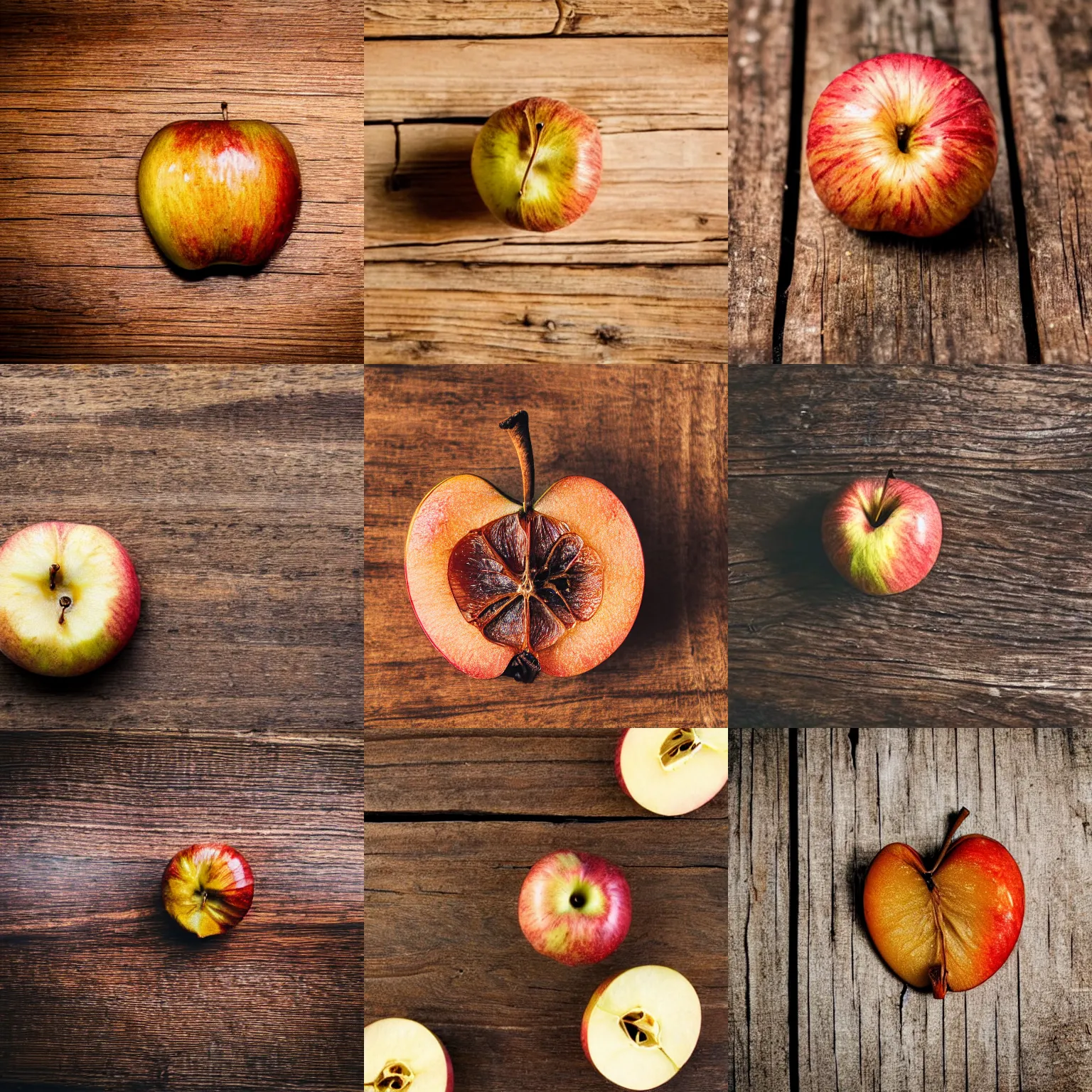 Prompt: A dried apple on a cracked wooden table