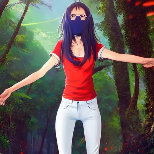 Image similar to real nagatoro using white and red tight raglan sleeves, tight blue jeans and cool shoes in a tropical forest, epic hair glowy fire flames, artstation, 3 d ray tracing, lumen, octane render flawless masterpiece concept art professionally post processed by wlop