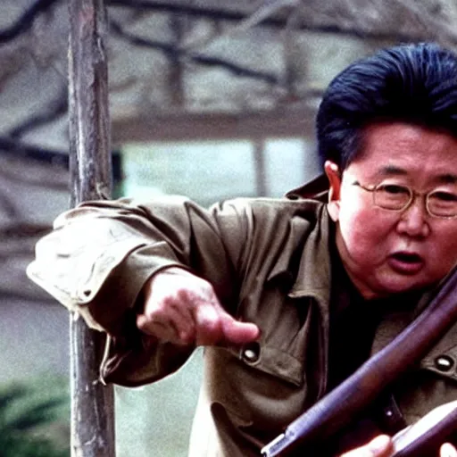 Prompt: a filmstill of Kim Jong-il as Rambo in Rambo First blood