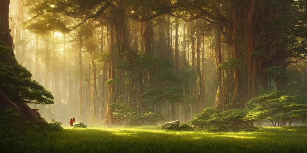 Prompt: a forest, highly detailed oil painting, realistic, rhads, Bruce Pennington, Studio Ghibli, tim hildebrandt, digital art, octane render, beautiful composition, trending on artstation, masterpiece