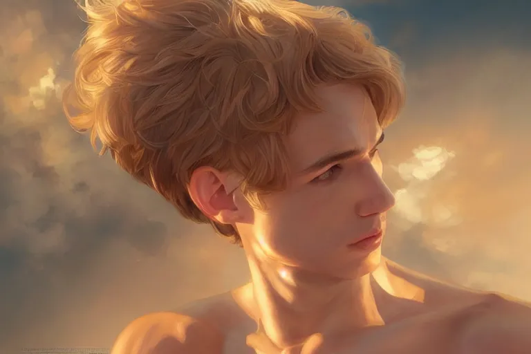 Prompt: Portrait of a Delicate blond male Angel Lucius bathing in the sun, 4k digital illustration by Artgerm, wlop, James Jean, Andrei Riabovitchev, Marc Simonetti, yoshitaka Amano, Artstation, CGsociety