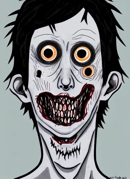 Image similar to junji ito style portrait of zombie teenage jughead jones wearing a light grey crown, zombie, crown, rotting skin, blind eyes, white eyes, crown, black hair, intricate, highly detailed, illustration, art by junji ito