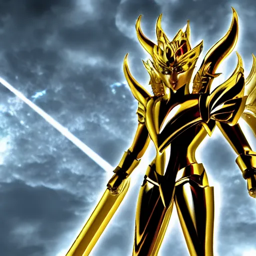 Prompt: photorealistic full shot of angry Saint Seiya knight wearing golden and silver Cat armor as a anime girl, detailed, inspired by Masami Kurumada, unreal engine 4k, textured, volumetric light, darkness background