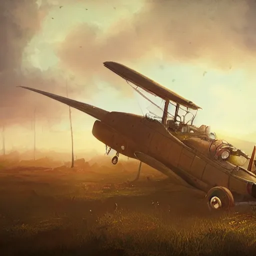 Prompt: a young pilot next to his crashed plane, steampunk, an epic fantasy, dramatic lighting, cinematic, establishing shot, extremely high detail, photorealistic, cinematic lighting, artstation, by simon stalenhag, christopher nolan