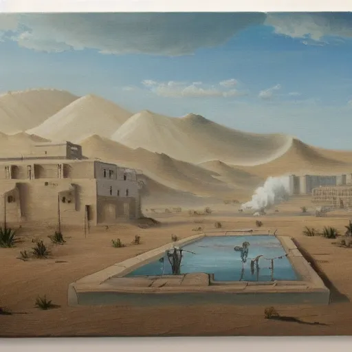 Image similar to painting of a city in a desert next to a gigantic geyser