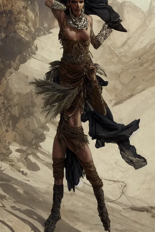 Image similar to a full body portrait of a beautiful post apocalyptic offworld desert bedouin thief savage rogue in ballet pose by the emerald oasis pools, intricate, elegant, highly detailed, digital painting, artstation, concept art, smooth, sharp focus, illustration, art by krenz cushart and artem demura and alphonse mucha