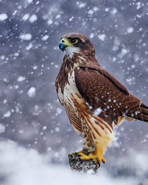 Prompt: A photo of a falcon surrounded by snowy mountains, focus on falcon, 4k