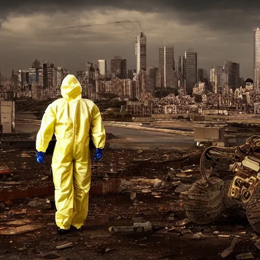 Image similar to a beautiful award-winning photo of the last man on Earth wearing a robotic hazmat suit, serene idyllic post-nuclear background, a mirage of the skyline of destroyed Buenos Aires, volumetric lighting, very high quality, extremely detailed, subtle visual noise, 8K