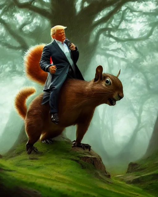 Image similar to oil painting of Donald Trump riding on Squirrel, wearing green cloak, sharp focus, fantasy style, octane render, volumetric lighting, 8k high definition, by greg rutkowski, highly detailed, trending on art Station, magic the gathering artwork, magical forest backround, centered