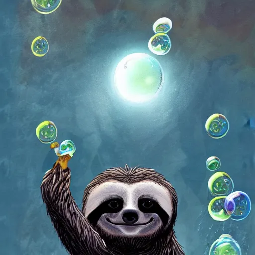 Image similar to a fantasy artwork of a sloth having a bubble bath