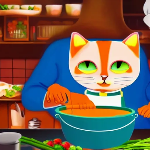 Image similar to anthropomorphic cat chef cooking a delicious colorful soup, digital painting, youtube video thumbnail