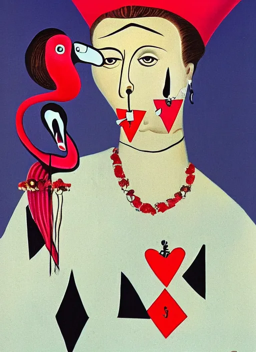 Prompt: detailed matte portrait of the queen of hearts with an upside down flamingo by salvador dali, 8 k resolution