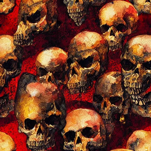 Prompt: seamless texture, red and gold, thick texture, watercolor, skulls, paul lehr, john harris,