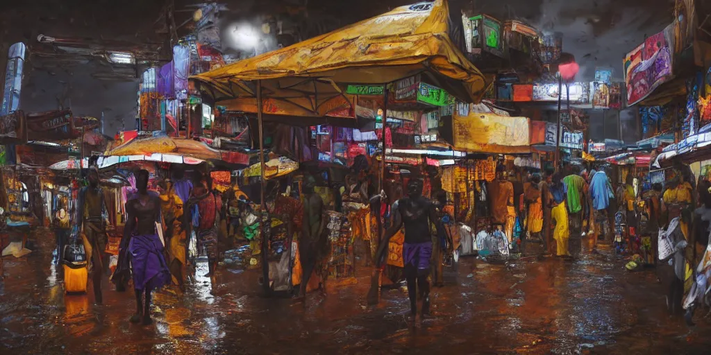 Image similar to a cinematic hyperrealistic African cyberpunk market during a rainy night