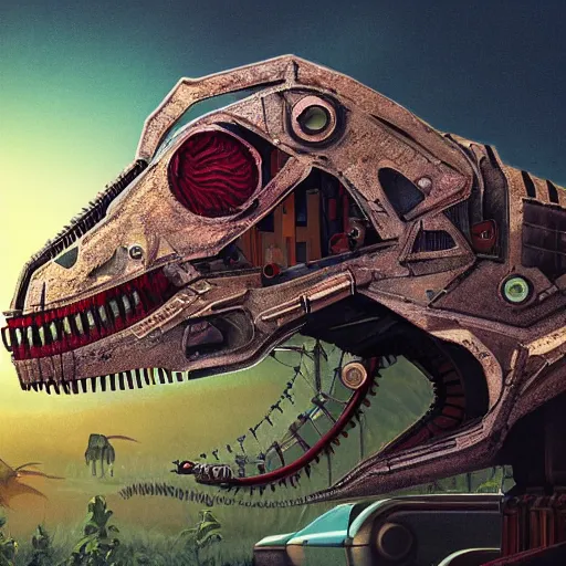 Prompt: a portrait photograph of a robot T-rex made of mechanical parts, cartoonish psychedelic paleoart rendering, realistic dinosaur cyborg in the style of simon stålenhag