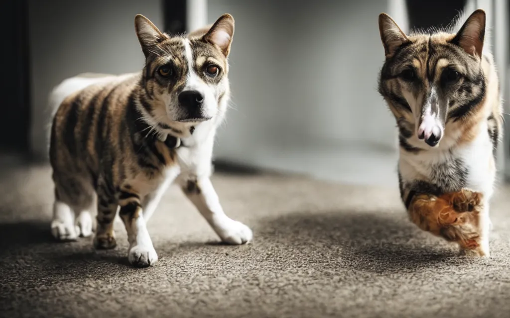 Image similar to Dog cosplaying as a cat, 50mm, low angle shot, good lighting