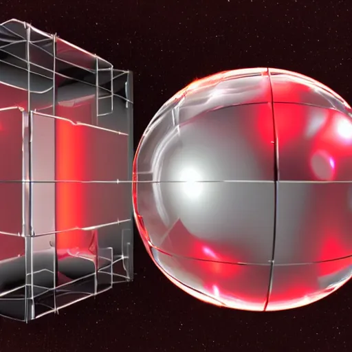 Prompt: chrome spheres on a red cube, diffraction