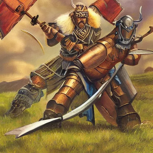 Prompt: “ one viking male is fighting against a robot, high detailed painting ”