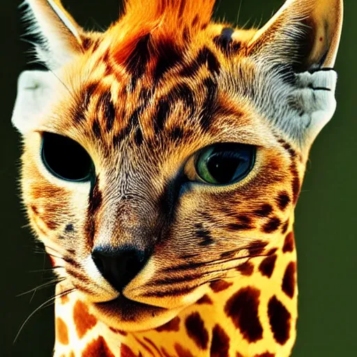 Prompt: cat giraffe hybrid bold natural colors national geographic photography, masterpiece, full shot