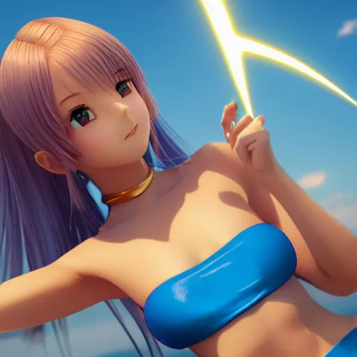 Image similar to Render of a very beautiful 3d anime girl, long sky blue hair, golden eyes, full round face, short smile, very beautiful see through azure bikini, golden hour, serene beach setting, cinematic lightning, medium shot, mid-shot, highly detailed, trending on Artstation, Unreal Engine 4k wallpaper