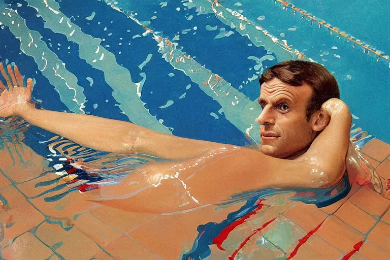 Image similar to emmanuel macron underwater swimming in a pool in california house, wearing small speedo, water is shimmering, by david hockney, peter doig, lucien freud, francis bacon, bouguereau, norman rockwell, pop surrealism