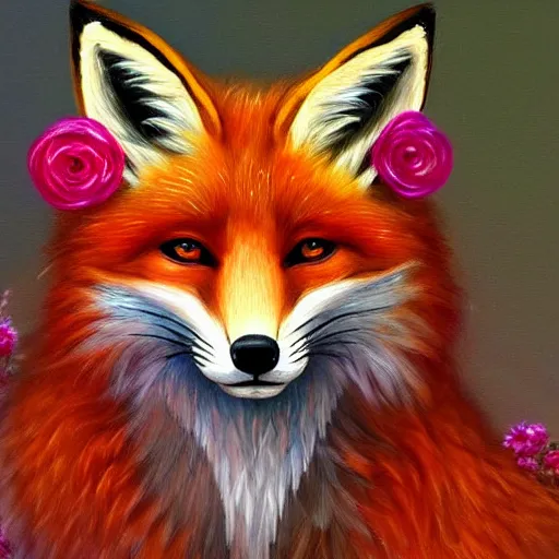 Prompt: portrait of a fox wearing a tiara made of flowers, fantasy art, trending on artstation, beautiful art, intricate, elegant, highly detailed, digital painting