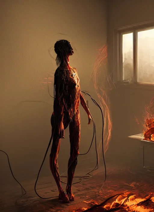 Image similar to rgb, woman, bedroom full of fire, rage, cinematic, movie scene, inspired by zdzislaw beksinski, clothes made out of veins,, cables everywhere, bedroom, ultra realistic, concept art, intricate details, highly detailed, photorealistic, octane render, 8 k