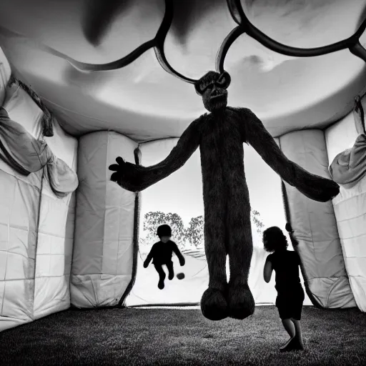 Image similar to cinematic photo of a 1 2 foot high big foot on a jumping castle with scared children, overcast, dark shadows